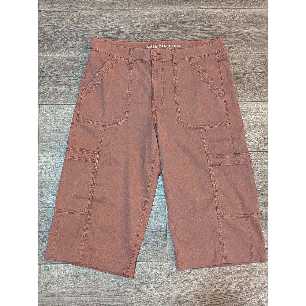 American Eagle Women 12 Mauve Brown Cargo Shorts Stretch Corduroy Utility 270